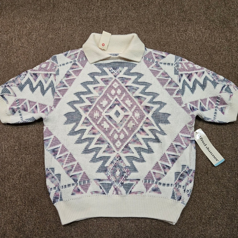 Alfred Dunner Vintage 90s Southwestern Geometric Knit Polo Sweater Top Large NWT